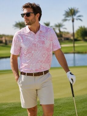 Men's Pink Patterned Short-Sleeve Golf Polo